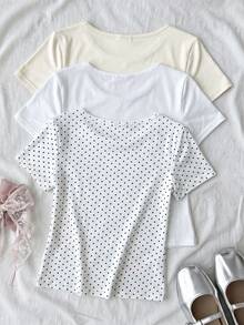 SHEIN 青少年女孩時尚休閒簡約百搭波點與純色方領短袖T恤 3件組 - 彩色 - 查看 2