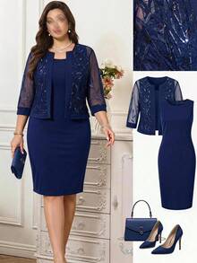 Reflora Conjunto de 2 piezas de vestido ajustado sin mangas de unicolor con top transparente bordado para otoño, talla grande - Azul Marino - Ver 2