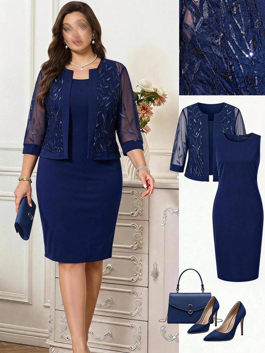 Reflora Conjunto de 2 piezas de vestido ajustado sin mangas de unicolor con top transparente bordado para otoño, talla grande