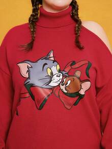 TOM & JERRY X SHEIN พลัส สเวตเตอร์ รูปแบบ การ์ตูน ปลอกคอสูง ไหล่ตก - สีแดง - ดู 7