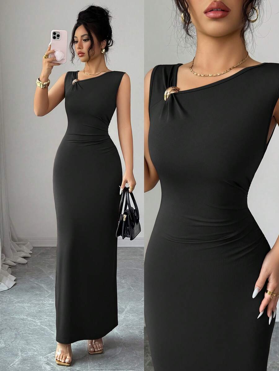 SHEIN Elenzya Summer New Elegant Asymmetric Design Ruched Cinched Waist Long Fitted Bodycon Dress With Gold Decorative Buckle For Women - Black - View 1