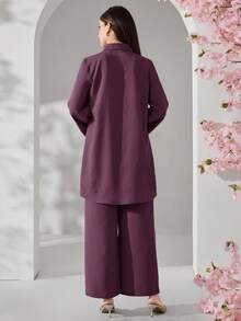 Veilorie 女款純色百褶長袖上衣與長褲休閒端莊優雅日常兩件套 早午餐深紫色秋季 - 中紫紅色 - 查看 8