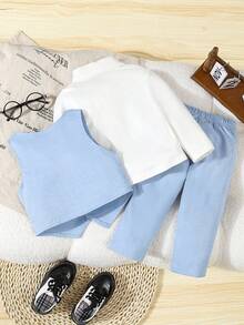 SHEIN Baby Boy 2 Pieces Formal Gentleman Outfit,Blue Summer Elegant Wedding Clothes,Solid Color Vest And Pants Set For Birthday Performance,Christmas,6M-3Y - Blue - View 2