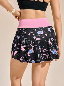Exploreva Exploreva Contrast Color Print High Waist Sports Skort - Multicolor - View 2