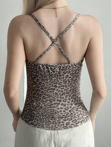 DAZY Top de mujer sexy con escote asimétrico, sin mangas, ajustado, estampado de leopardo, tela de malla elástica, para vacaciones, salidas y discoteca, color marrón, verano - Marrón - Ver 2