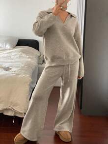 Livesso Tall Setelan Kasual 2 Potong Wanita: Sweater Pullover Longgar dan Celana Panjang Lurus, Warna Beige, Cocok untuk Musim Gugur dan Santai. - Khaki - View 9