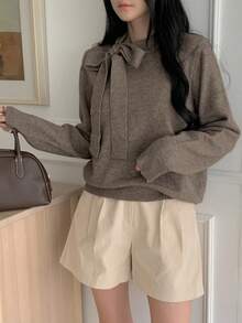 Dazy Tall Sweater Pullover Kasual Wanita dengan Pita dan Tali untuk Musim Gugur - Coklat - View 4