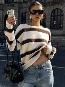 Dazy Tall Women's Round Neck Loose Long Sleeve Striped Pullover Casual Sweater School Fall - Apricot - View 4