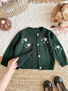 SHEIN Baby Girl Knitted Solid Color Embroidered Pattern Round Neck Casual Cardigan - Green - View 3