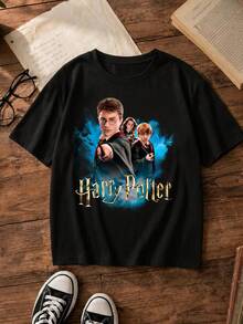 HARRY POTTER X SHEIN 青少年男孩休闲卡通图案短袖 T 恤，适合夏季 - 黑色 - 查看 1