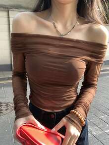 DAZY Women's Elastic Mesh Sheer One-Shoulder Top, Spring/Summer Off The Shoulder Going Out Tops - Rust Brown - View 8