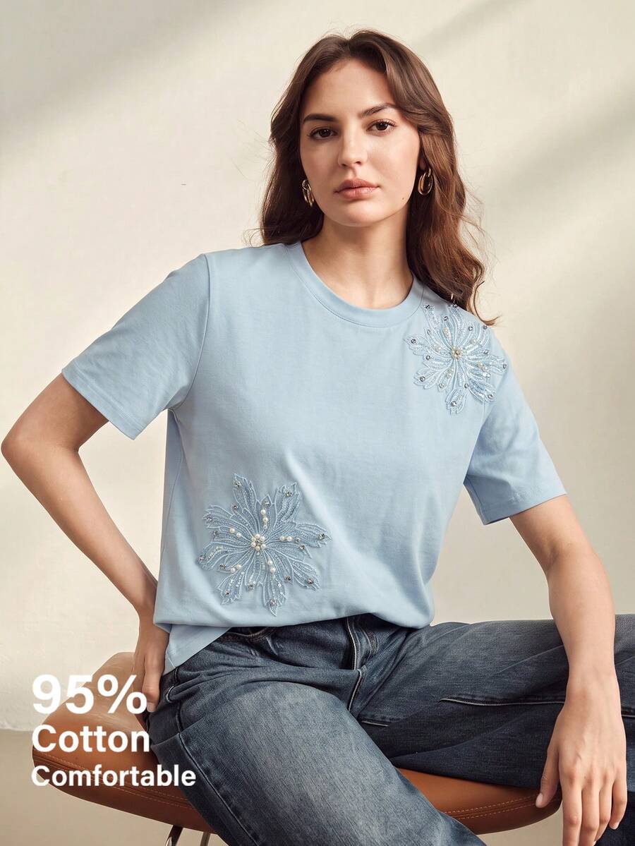Anewsta Minimalist Elegant Beaded T-Shirt, Heavy Floral Embroidery Round Neck Versatile Daily Women's T-Shirt - Blue - View 1