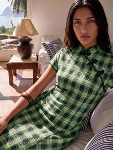 Nöista Women's Fashion Elegant Frog Button Plaid Short Sleeve Dress - Dark Green - View 3