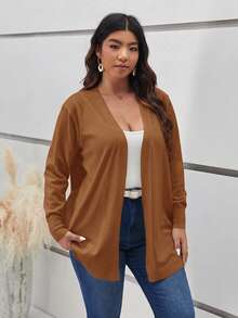 SHEIN Frenchy 大尺碼女款素色長袖休閒針織開襟衫 - 咖啡棕 - 查看 4