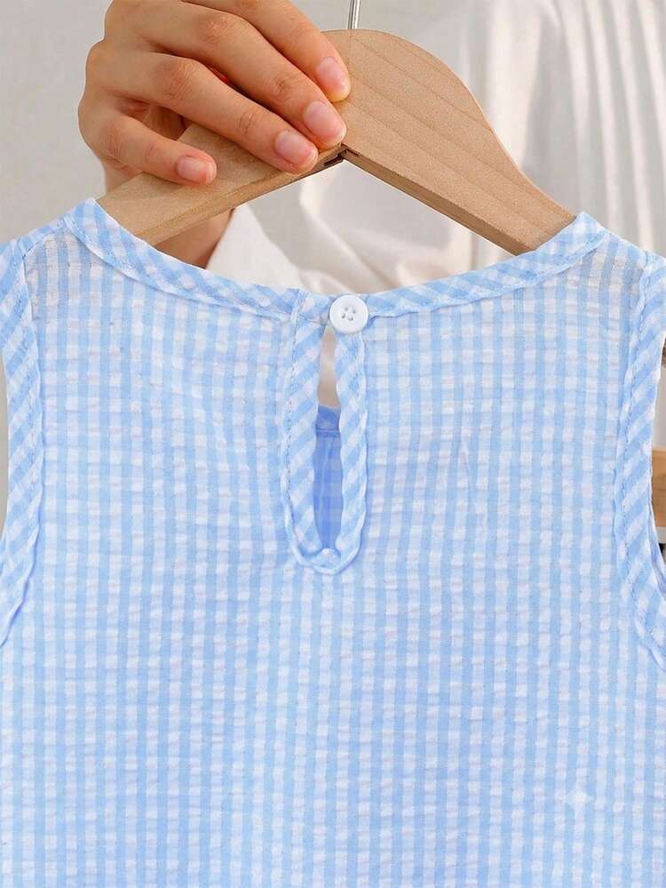 Souflis Souflis 女童夏季黑白極簡優雅風直條紋花卉刺繡無袖上衣＋寬腿褲套裝，適合日常出遊、休閒旅行、校園穿搭、派對活動、拍照穿搭 - 藍色 - 查看 6