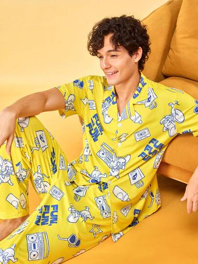 Notgurli TOM & JERRY X SHEIN Conjunto de ropa de estar en casa casual diario para hombre con top de manga corta con estampado de dibujos animados y pantalones largos
