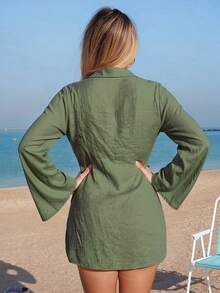 Swim Vcay 女士白色长袖衬衫领带休闲度假沙滩罩衫连衣裙 - 軍綠色 - 查看 2