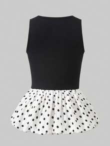 SHEIN PariChic Women's Polka Dot Patchwork Pleated Casual Versatile Daily Wear Top - Black and White - View 2