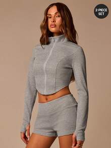 Athîral Women's Casual Stand Collar Long Sleeve Curved Hem Top And Shorts Sports Set, Suitable For Casual Yoga Running Daily Workout Gym Wear - Grey - View 1