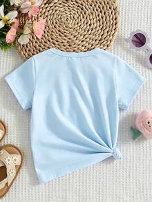Elladie kids 女童時尚清新極簡風粉色蝴蝶結與愛心圖案印花休閒基礎款短袖T恤 - 藍色 - 查看 2