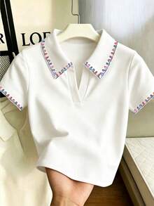 Resyla 女款 POLO 領短袖修身 T 恤，休閒日常穿著，夏季短袖上衣，最新款條紋刺繡領 T 恤 - 彩色 - 查看 3