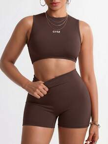 SHEIN Unity Women's Plus-Size Athletic Set: Coffee-Colored Tank Top And Shorts With Letter Print-Yoga & Fitness - Coffee Brown - View 1