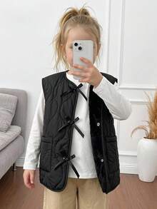 DAZY Young Girl Solid Color Bowknot Decor Zipper Casual Versatile Winter Cotton Padded Vest Fall - Black - View 4