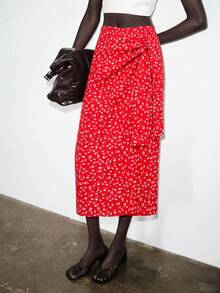SHEIN x Tata & Beatriz Lumivelle 女款優雅深咖啡色高腰開衩綁帶抓褶不對稱緊身連身裙，度假穿搭 - 酒紅色 - 查看 6