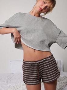 WESTFADE Cute Mid Rise Tie Front Textured Knit Lounge Striped Mini Short, Casual Fall Autumn Winter, Lounge, Country Look, Cowgirl, Western, Back To School - Brown - View 7