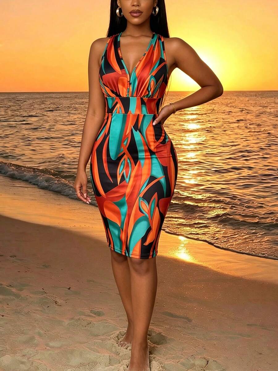 SHEIN Summer Tropical Print Halter Bodycon Mini Dress, Deep V Ruched Waistband,Sleeveless Backless Short Gown For Club And Party Music Festival Sexy Outfits - Multicolor - View 1