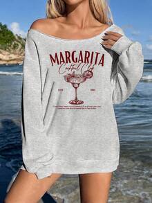 SHEIN EZwear Light Gray Women's Off-Shoulder Loose Casual Long Sleeve Sweatshirt With Cocktail Glass Print Pattern - Light Grey - View 9