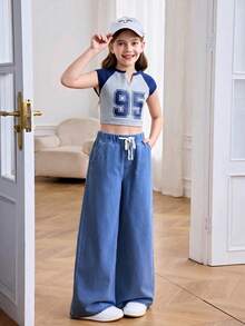 SHEIN Quần jean ống rộng cạp chun rút nhẹ mùa hè cho bé gái tuổi mới lớn mặc hàng ngày, quần ống rộng cạp chun co giãn thoải mái mùa hè, quần đi biển mùa hè phong cách boho, lễ hội hòa nhạc Rave - Rửa trung bình - Xem 6