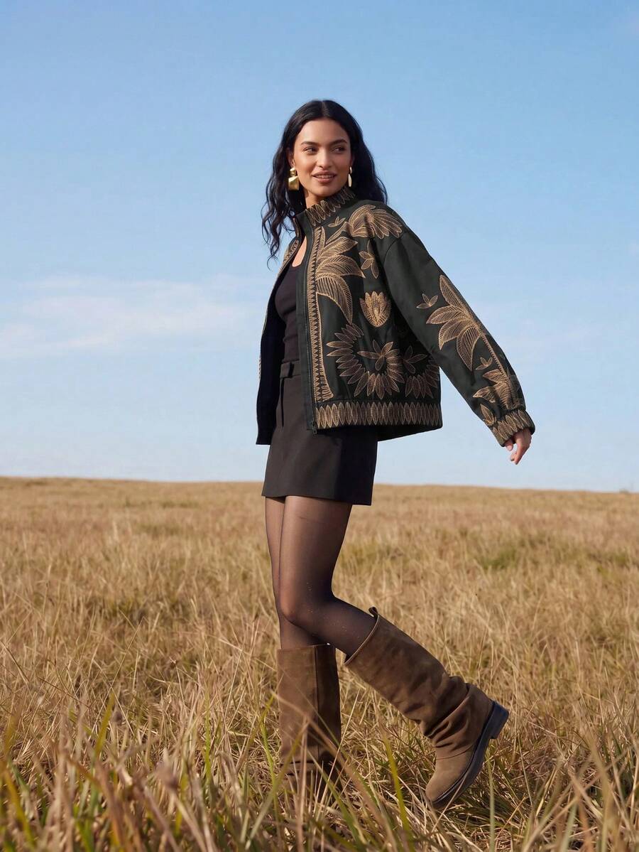 CAJUNI 女款全印花立領休閒百搭日常穿著長袖夾克 - 彩色 - 查看 1
