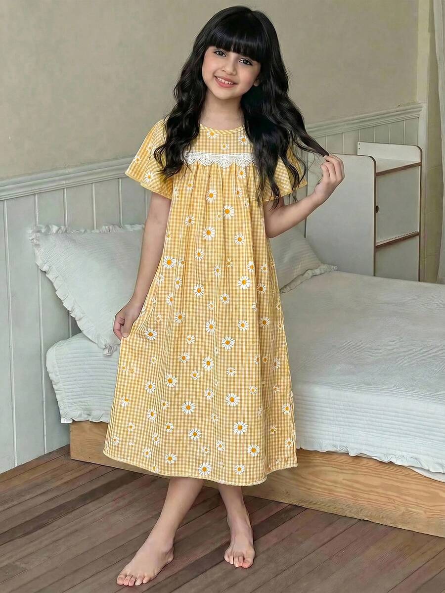 SHEIN 少女碎花蕾丝边编织夏季休闲连衣裙 - 黃色 - 查看 1