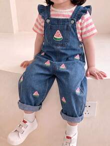 SHEIN Vintaside Kids 1件女嬰藍色牛仔休閒可愛刺繡花卉吊帶連身褲，適合外出與派對 - 粉色 - 查看 7