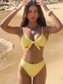 Swim Vcay 女士纯色休闲比基尼三角裤泳装套装 - 黃色 - 查看 3