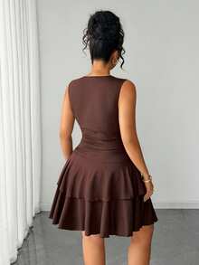 Elenzga Plus Size Elegant Vintage Romantic Fashion Asymmetric Neckline Sleeveless Pleated Waist Floral Decor Fitted Dress For Women, Suitable For Date, Party, Daily Wear, Summer Dress, Sleeveless Dress - Brown - View 2