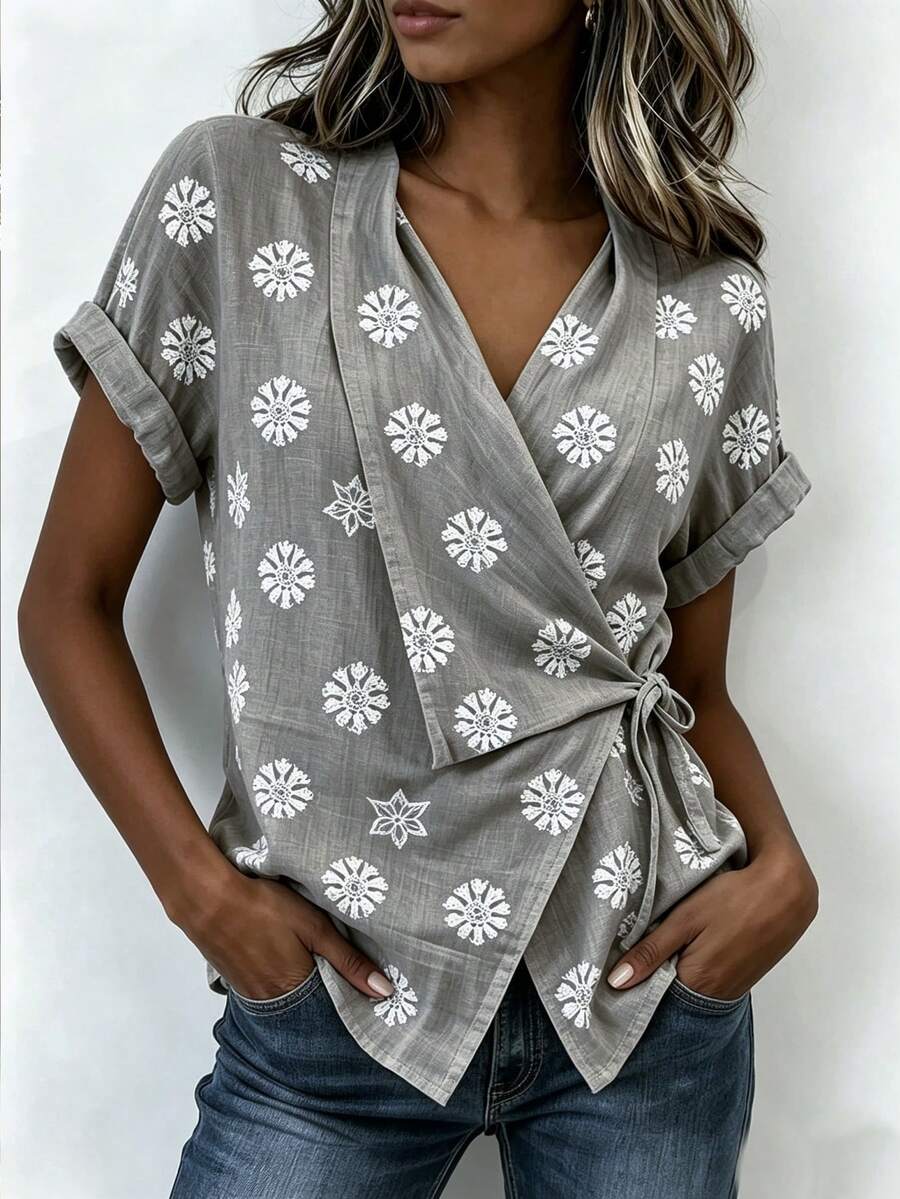 SHEIN Women's All-Over Print Side-Tie Short Sleeve Casual Shirt - Grey - View 1