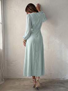 Modelyn Spring/Autumn Fashion Elegant Versatile Date Jacquard V-Neck Ruched Waist Slimming Long Dress For Women - Green - View 3