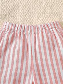 SHEIN Playful Pals 2件套嬰兒/幼兒女童甜美優雅可愛風春夏新款 粉色小太陽圖案圓領短袖上衣 + 粉白條紋長褲，柔軟舒適面料，適合日常穿著或戶外活動 - 粉色 - 查看 9