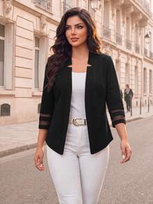 Auveirra Plus Size Women Fashionable Elegant Casual Mesh Patchwork Blazer In Fall/Winter Black Summer - Black - View 4