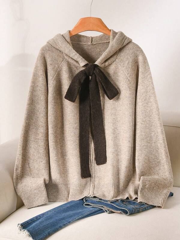CosyJoli Plus Size Elegant French Casual Bow Hat Hooded Zip-Up Knit Cardigan Jacket For Women Winter