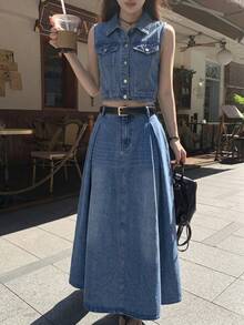 SHEIN 2Pcs Teen Girl Y2k Blue Denim Sleeveless Jacket And Loose-Fitting Comfortable Skirt For Dailywear - Blue - View 2