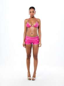 BABYPHAT Triangle Bikini Top With Contrast Coverstitch Detailing And Halter Tie Neck For Beach Summer - Hot Pink - View 3
