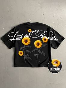 Manfinity ZONE917 Boxy Cropped Street Sunflower Graphic Print Loose Black Short Sleeve T-Shirt, Suitable For Spring/Summer, Gift For Friends Gathering And Spring Outing - Black - View 1