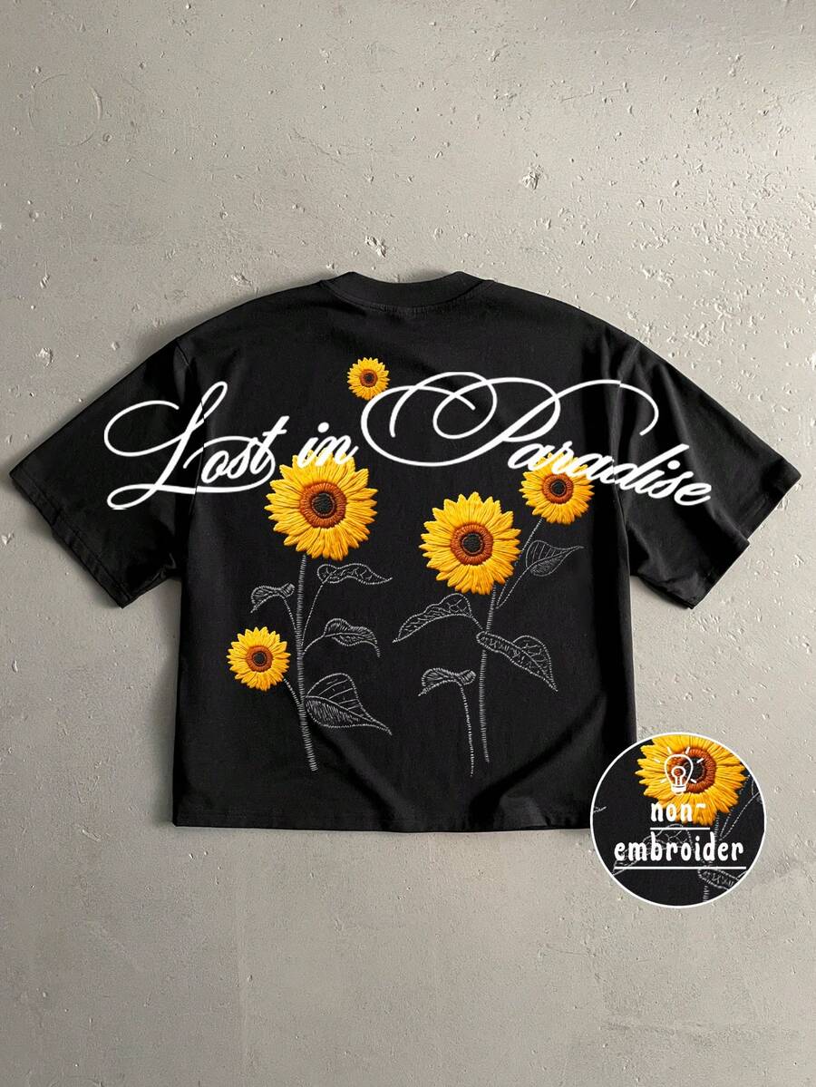Manfinity ZONE917 Boxy Cropped Street Sunflower Graphic Print Loose Black Short Sleeve T-Shirt, Suitable For Spring/Summer, Gift For Friends Gathering And Spring Outing - Black - View 1