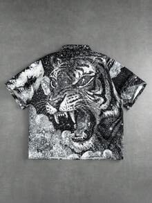 ROMWE MEN Street Life Men's Turn-Down Collar Tiger Print Digital Shirt - Black - View 8