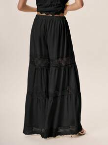 Willow Rêve Lightweight Thin Lace Patchwork Hollow Out Long Pants With Drape Heavy Workmanship . Vacation - Black - View 2