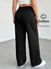 SHEIN PETITE CURVE 大尺碼舒適休閒純色針織寬腿女款運動長褲 - 黑色 - 查看 2