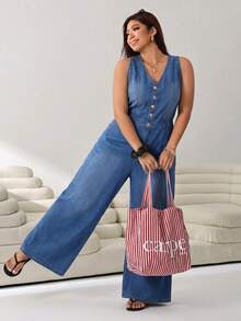 SHEIN CURVE+ 大尺碼女款V領百褶休閒日常牛仔連身褲 - 藍色 - 查看 5